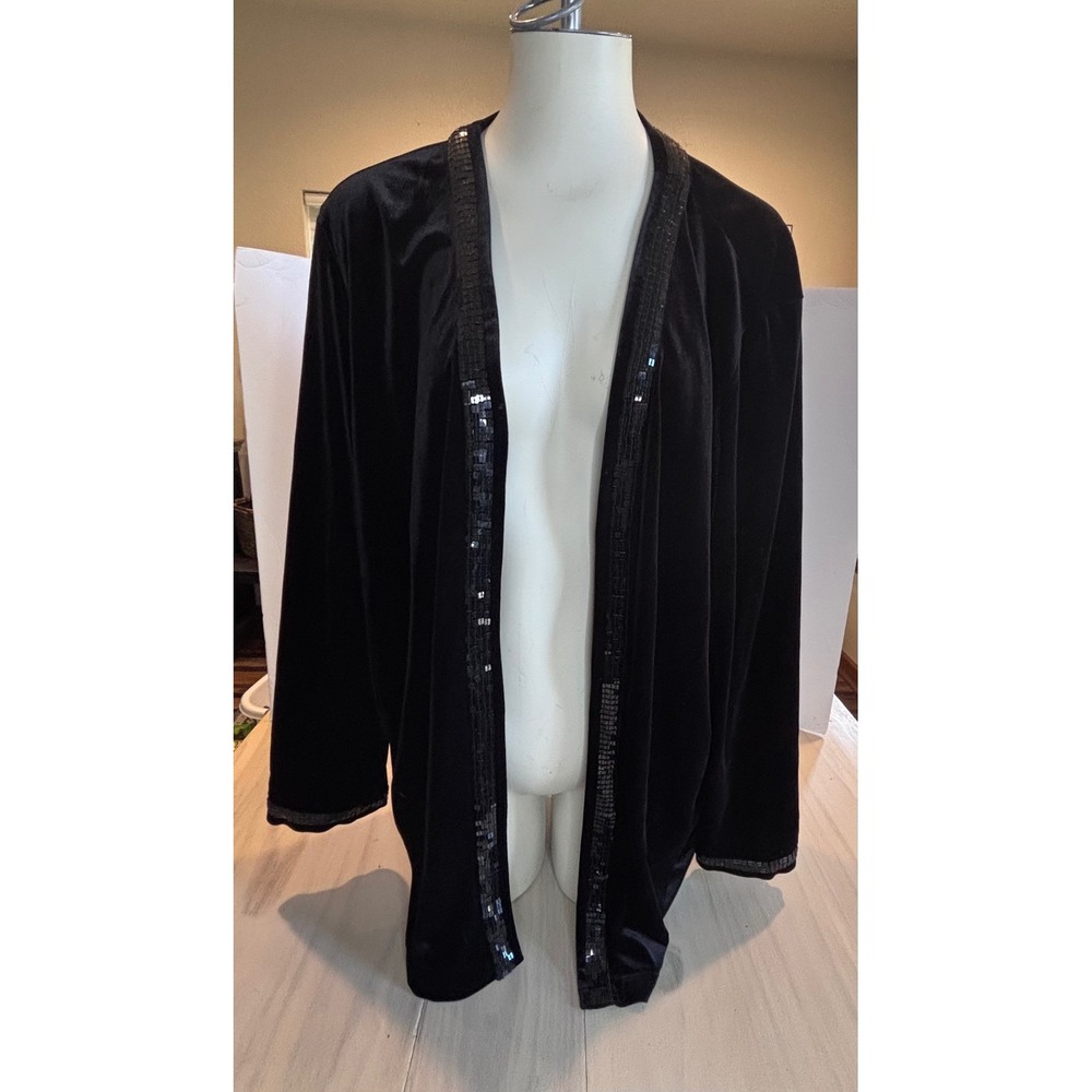 Quacker Factory Womens 2X Black Velvet Sequin Trim Open Front‎ Cardigan Kimono